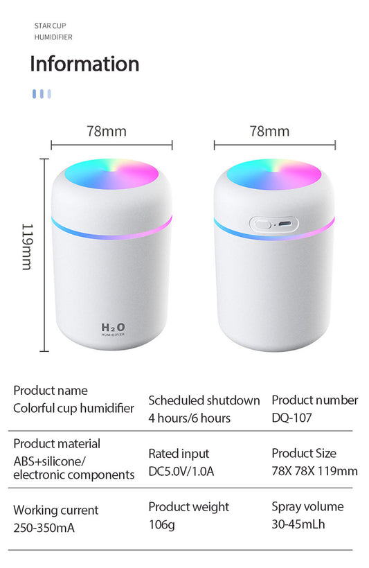 AZTHRONE 300ml Electric Air Humidifier Aroma Oil Diffuser Car Home Air Humidifer USB Cool Mist Sprayer with Colorful Night Light for Home Car