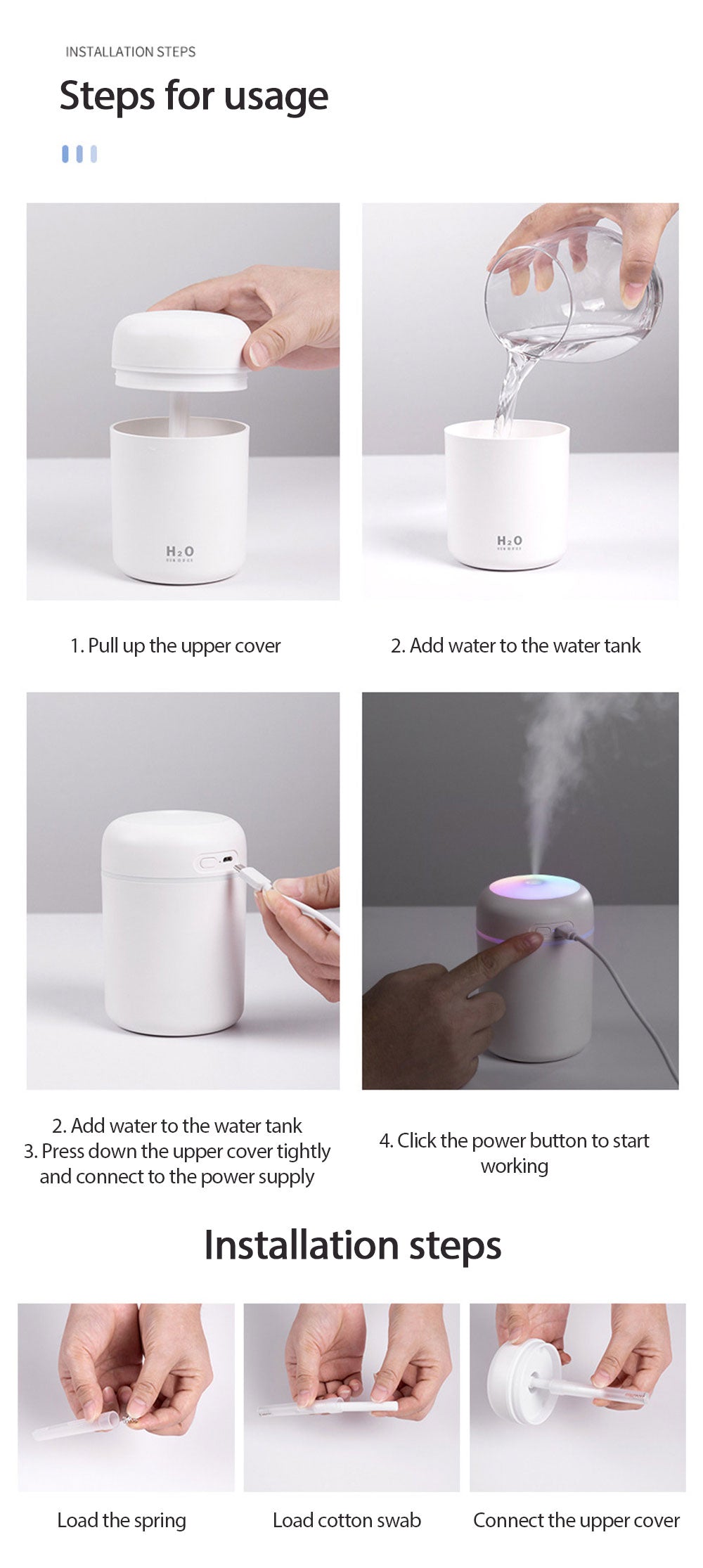 AZTHRONE 300ml Electric Air Humidifier Aroma Oil Diffuser Car Home Air Humidifer USB Cool Mist Sprayer with Colorful Night Light for Home Car