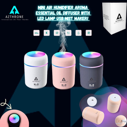 AZTHRONE 300ml Electric Air Humidifier Aroma Oil Diffuser Car Home Air Humidifer USB Cool Mist Sprayer with Colorful Night Light for Home Car