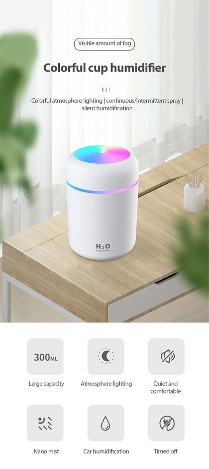 AZTHRONE 300ml Electric Air Humidifier Aroma Oil Diffuser Car Home Air Humidifer USB Cool Mist Sprayer with Colorful Night Light for Home Car