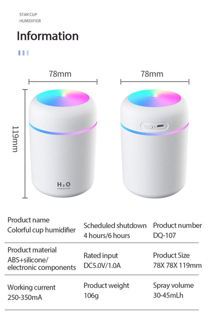 AZTHRONE 300ml Electric Air Humidifier Aroma Oil Diffuser Car Home Air Humidifer USB Cool Mist Sprayer with Colorful Night Light for Home Car