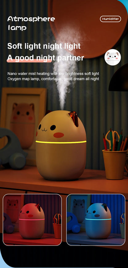 AZTHRONE 250ml Air Humidifier Cute Kawaiil Aroma Diffuser With Night Light Cool Mist For Bedroom Home Car Purifier Humidifier