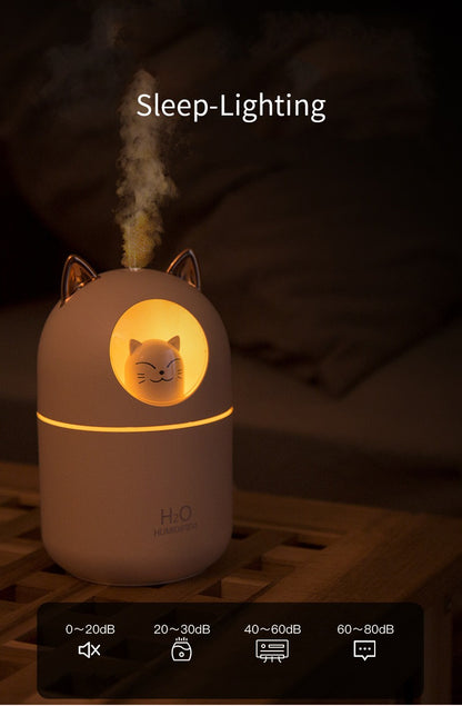 AZTHRONE 300ML Air Humidifier Cute Cat Aroma Diffuser With Night Light USB Cold Mist Maker For Home Car Air Purifier Freshener Humidifier