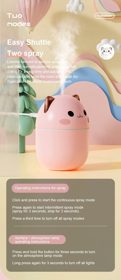 AZTHRONE 250ml Air Humidifier Cute Kawaiil Aroma Diffuser With Night Light Cool Mist For Bedroom Home Car Purifier Humidifier