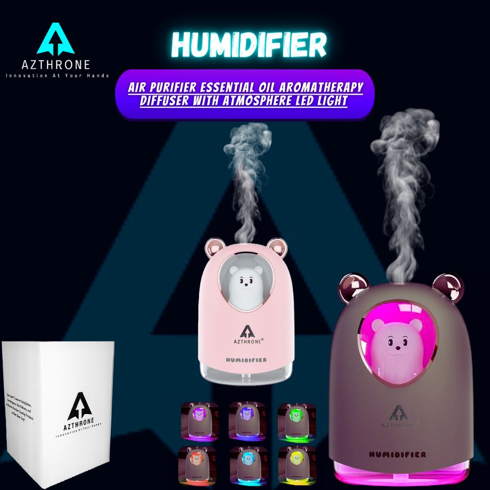 AZTHRONE Car Air Humidifier Cute Bear USB Air Purifier Essential Oil Aromatherapy Diffuser with Atmosphere LED Light for Car Home Humidifier